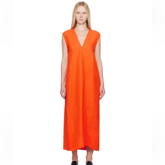 Studio Nicholson Lise Linen Twill Midi Dress Clementine Orange size UK12 Large